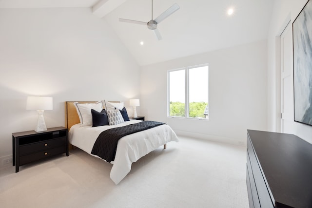 bedroom featuring recessed lighting, light colored carpet, beam ceiling, high vaulted ceiling, and ceiling fan