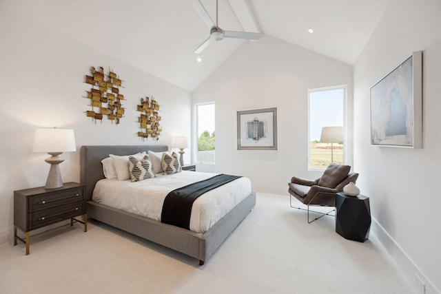 bedroom with high vaulted ceiling, ceiling fan, carpet floors, beamed ceiling, and baseboards