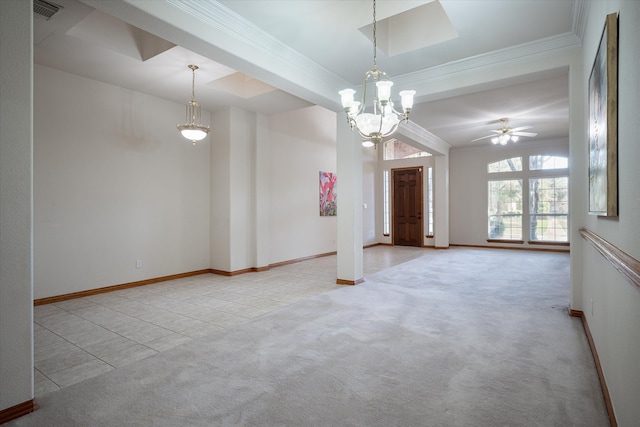 carpeted spare room with ornamental molding and ceiling fan with notable chandelier