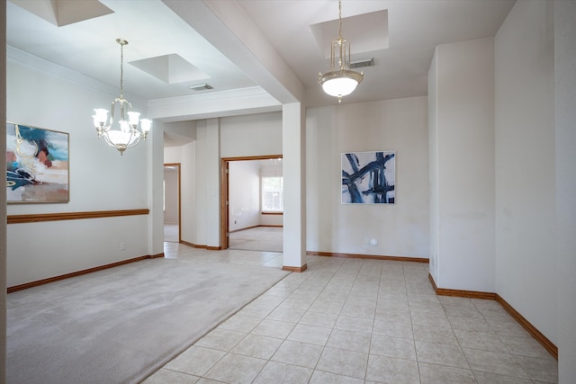 tiled empty room with a chandelier and crown molding