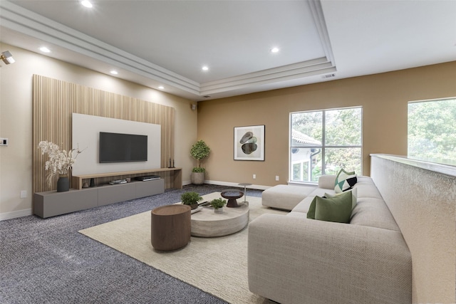 carpeted living room featuring a raised ceiling