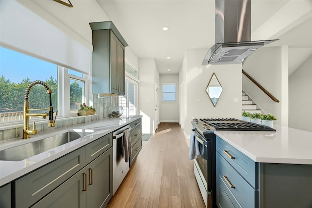 kitchen featuring sink, island exhaust hood, light hardwood / wood-style floors, stainless steel appliances, and decorative backsplash