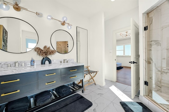 bathroom featuring a shower with door, vanity, and wood-type flooring