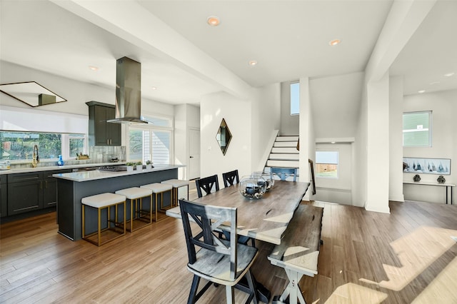 dining space featuring sink, light hardwood / wood-style floors, and a healthy amount of sunlight