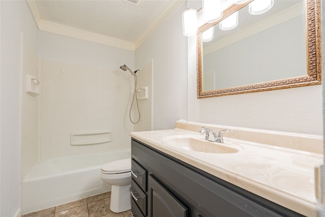 full bathroom featuring shower / washtub combination, a textured ceiling, toilet, ornamental molding, and vanity