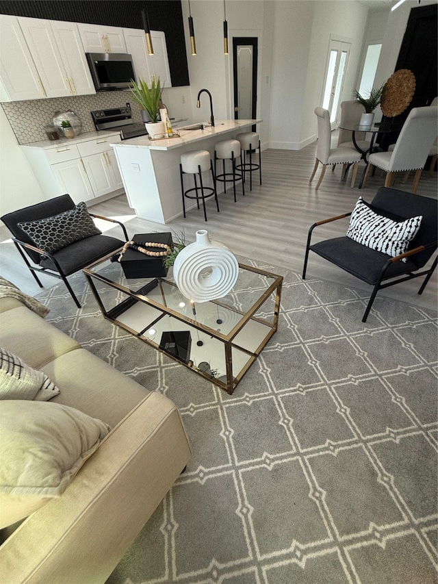 living room featuring sink and dark hardwood / wood-style flooring