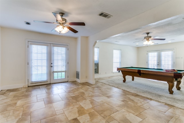 playroom with ceiling fan, pool table, french doors, and a healthy amount of sunlight