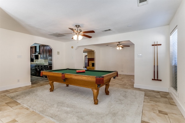 game room featuring ceiling fan and pool table