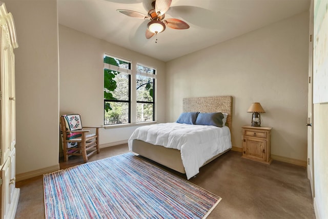 bedroom with ceiling fan and dark carpet