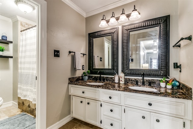 bathroom with walk in shower, tile patterned flooring, crown molding, toilet, and vanity