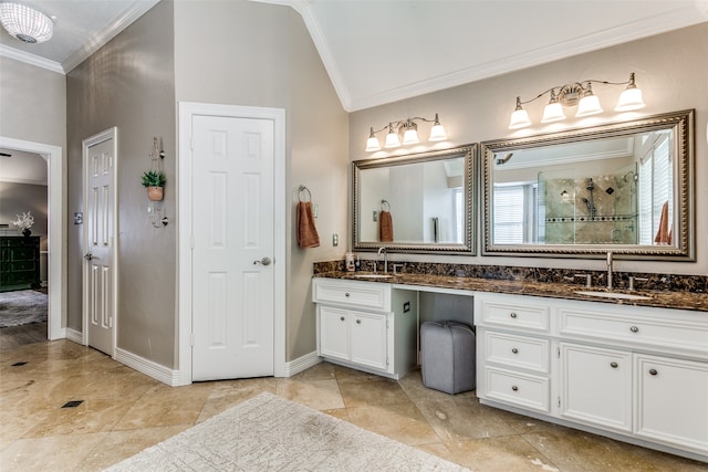 bathroom featuring vanity, ornamental molding, walk in shower, and lofted ceiling