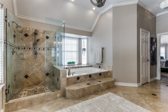 bathroom featuring ornamental molding, vaulted ceiling, and shower with separate bathtub