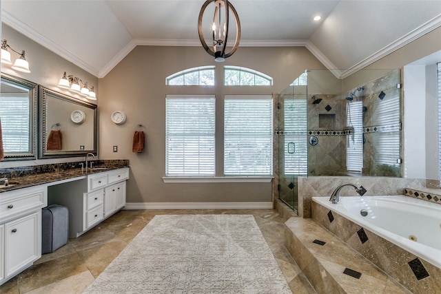 bathroom with vanity, lofted ceiling, plus walk in shower, crown molding, and a notable chandelier