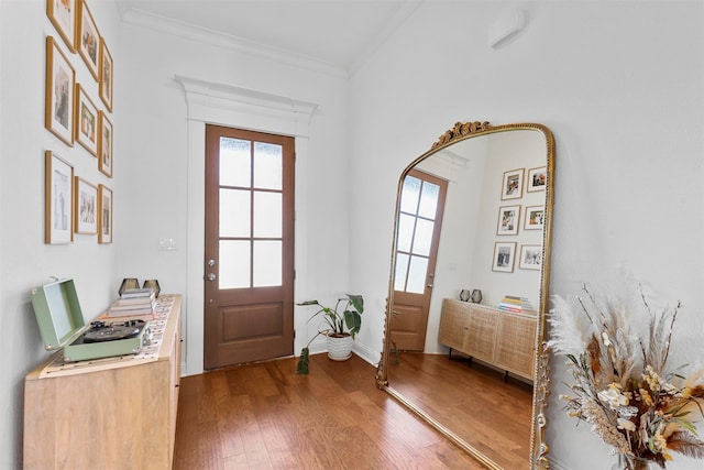 entryway with crown molding and wood-type flooring