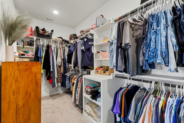 walk in closet with light carpet