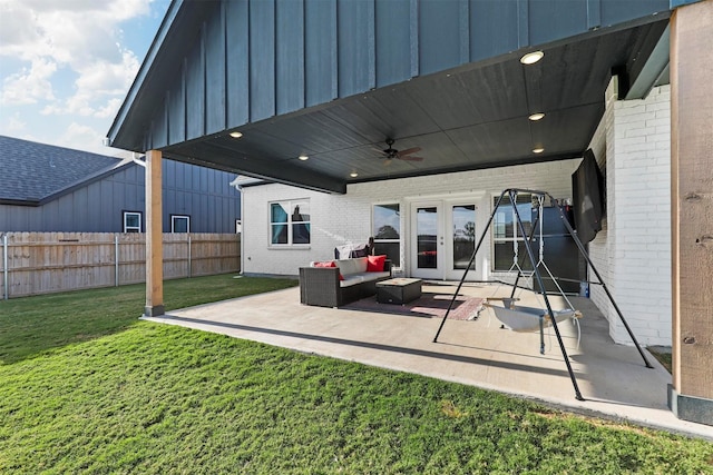 view of patio with fence, outdoor lounge area, a ceiling fan, and french doors