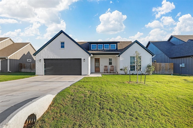 modern inspired farmhouse featuring driveway, a shingled roof, fence, a front lawn, and brick siding