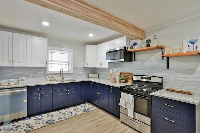 kitchen with decorative backsplash, white cabinetry, sink, light hardwood / wood-style floors, and stainless steel appliances