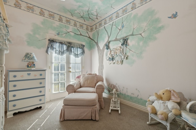 sitting room featuring light colored carpet