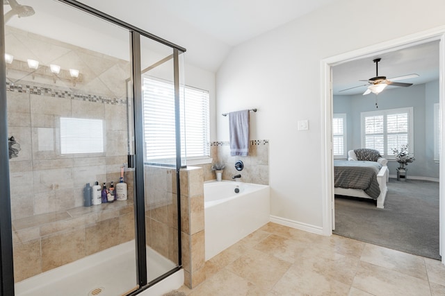 bathroom featuring independent shower and bath, tile patterned floors, lofted ceiling, and ceiling fan