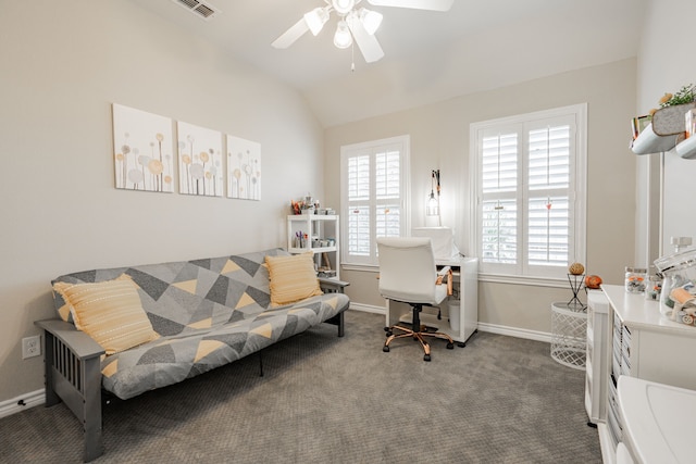 home office with vaulted ceiling, carpet flooring, and ceiling fan