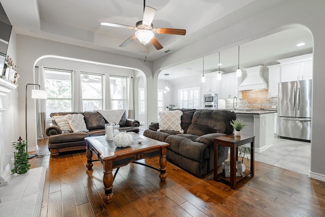 living room featuring a raised ceiling, ceiling fan, wood-type flooring, and plenty of natural light