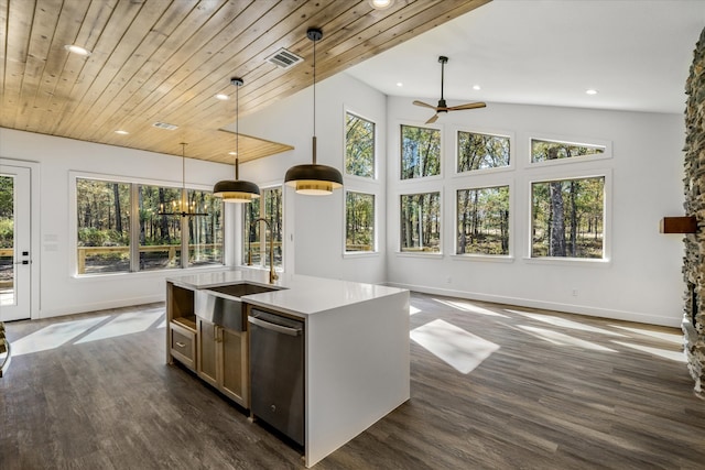 kitchen featuring dishwasher, sink, hanging light fixtures, and plenty of natural light