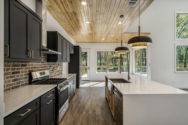 kitchen with a kitchen island with sink, wooden ceiling, pendant lighting, appliances with stainless steel finishes, and dark hardwood / wood-style flooring