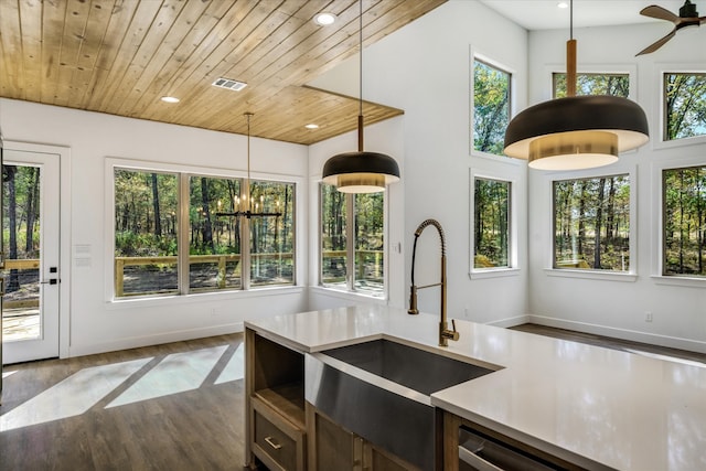 kitchen with dark wood-type flooring, sink, hanging light fixtures, and plenty of natural light