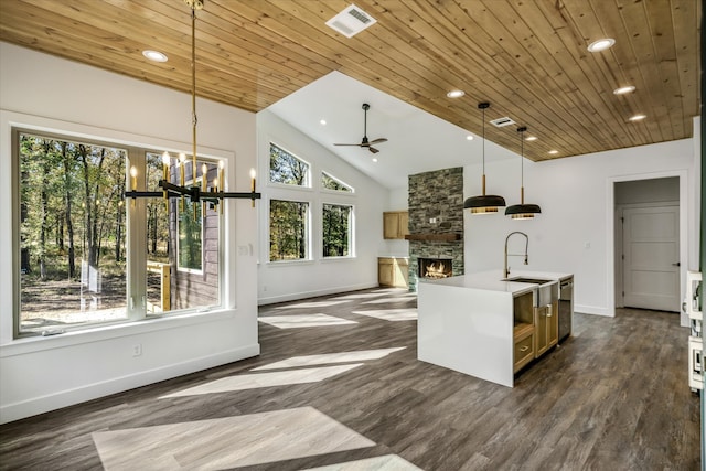 kitchen with a kitchen island with sink, hanging light fixtures, plenty of natural light, and dark hardwood / wood-style flooring