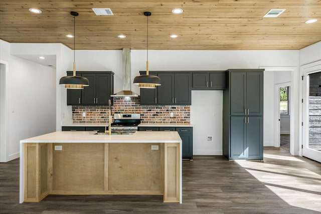 kitchen featuring an island with sink, hanging light fixtures, and wooden ceiling