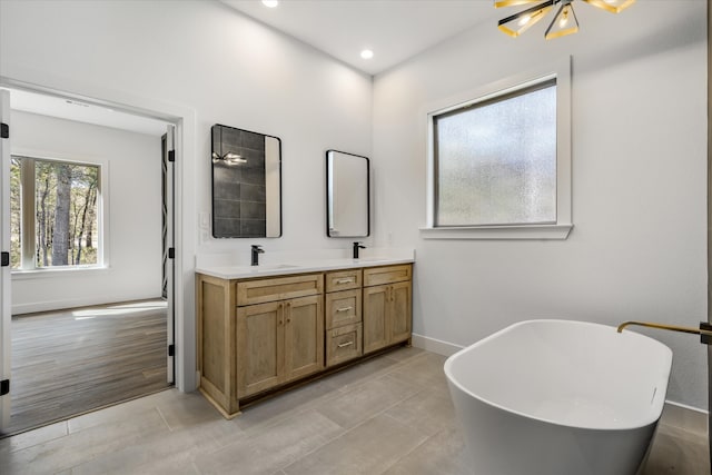 bathroom with vanity, hardwood / wood-style floors, and a washtub