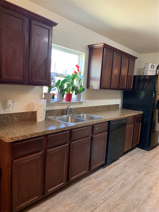 kitchen with sink, black appliances, dark brown cabinetry, and light hardwood / wood-style floors