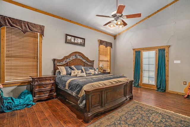 bedroom featuring ceiling fan, ornamental molding, dark hardwood / wood-style flooring, and vaulted ceiling