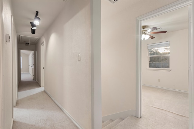 hall featuring light colored carpet