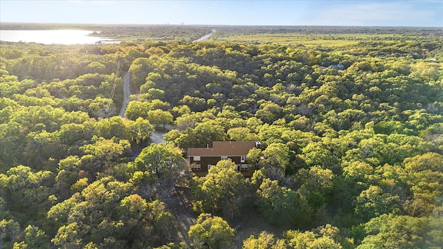 drone / aerial view featuring a water view and a view of trees