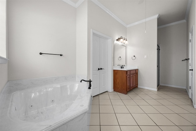 bathroom with ornamental molding, a relaxing tiled tub, tile patterned floors, and vanity