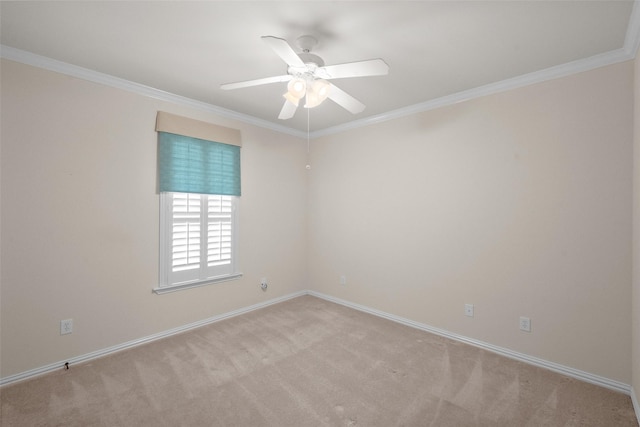 carpeted spare room featuring ceiling fan and ornamental molding