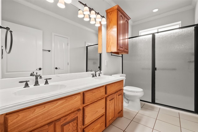 bathroom featuring a shower with shower door, ornamental molding, and vanity