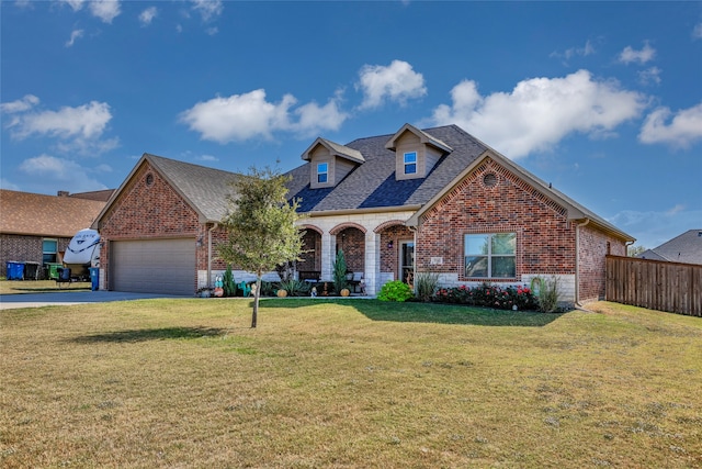 view of front of home featuring a front yard and a garage