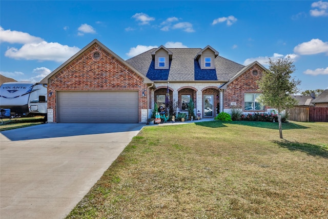 view of front of house with a front yard and a garage