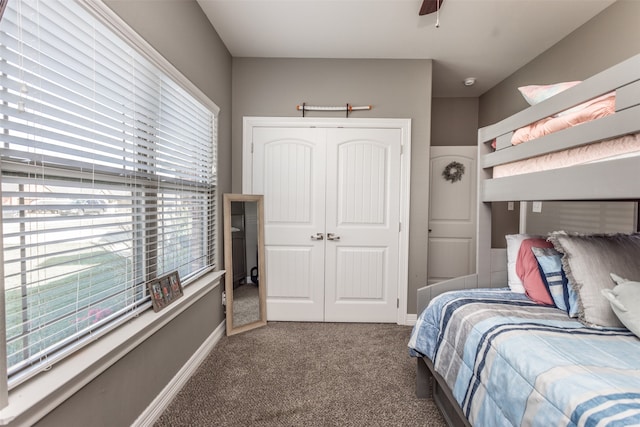 bedroom featuring a closet, ceiling fan, multiple windows, and carpet floors