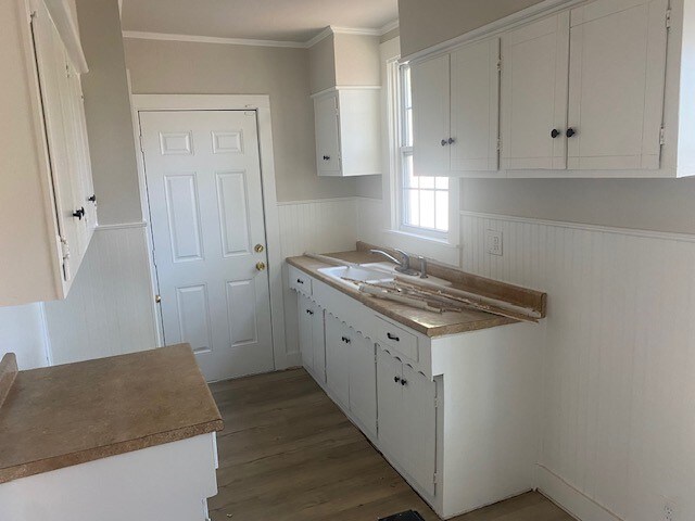 kitchen with crown molding, sink, white cabinets, and wood-type flooring