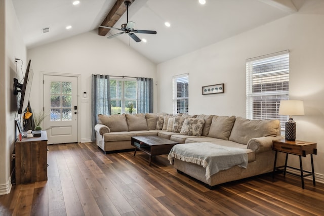 living room with dark wood-type flooring, ceiling fan, high vaulted ceiling, and beamed ceiling