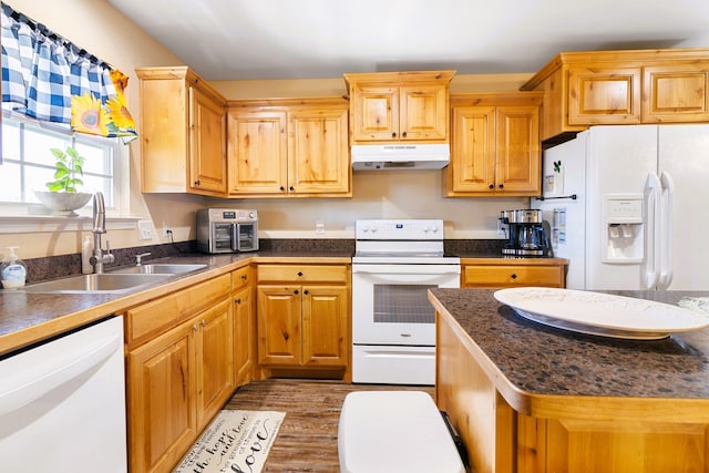 kitchen with sink, dark wood-type flooring, and white appliances