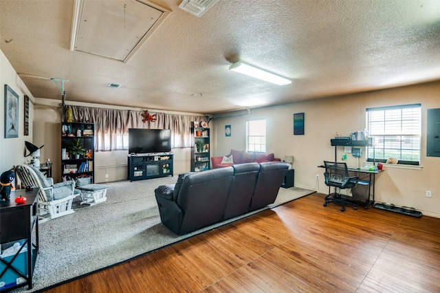 living room featuring a textured ceiling, wood-type flooring, and a wealth of natural light