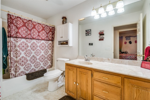 full bathroom featuring toilet, shower / bath combo, and vanity