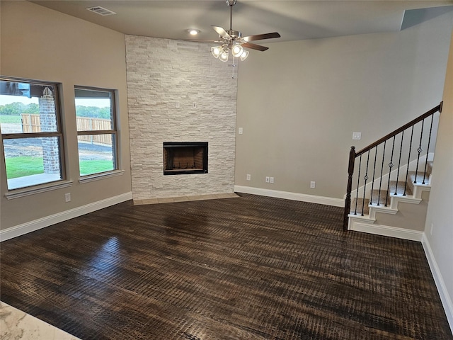 2508 Silo Ln, Van Alstyne, TX 75495 - unfurnished living room featuring ceiling fan, a fireplace, stairway, and baseboards