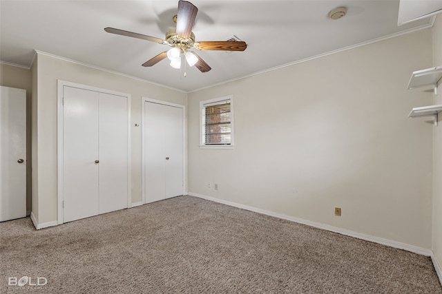 unfurnished bedroom featuring multiple closets, ceiling fan, carpet floors, and ornamental molding