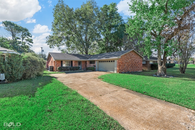 ranch-style home featuring a front yard and a garage